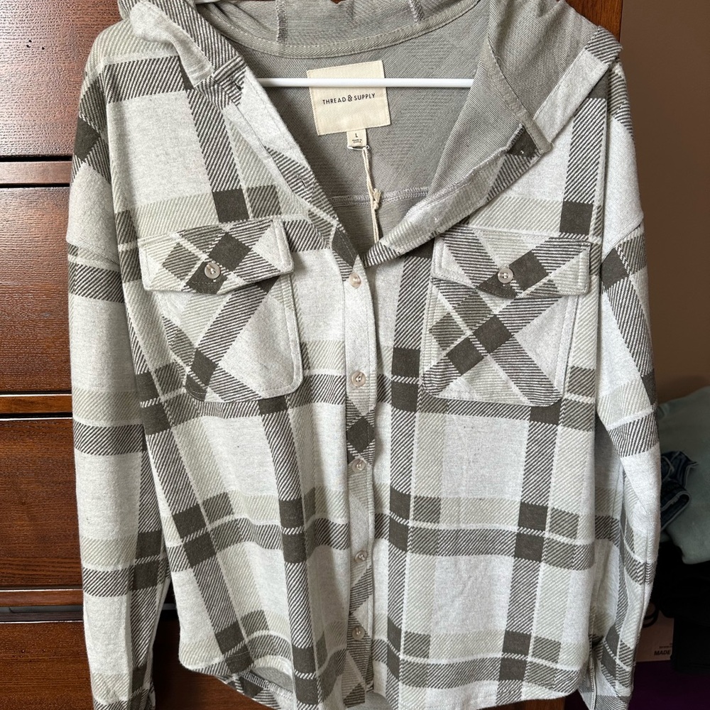 Olive Gray Plaid Hooded Shirt